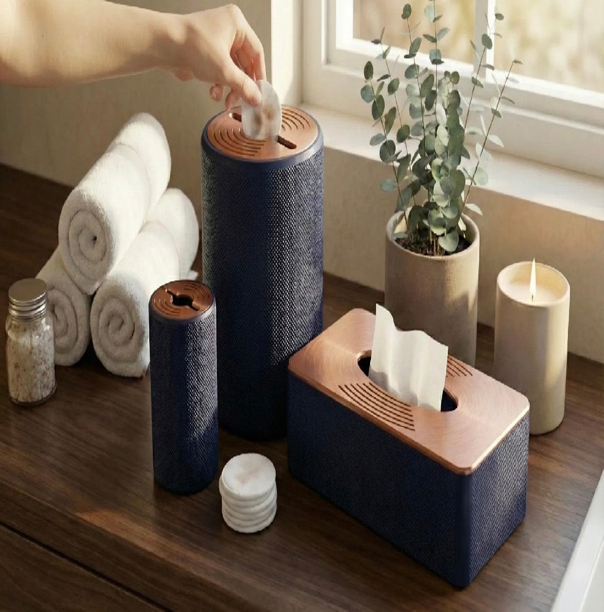 Luxury Spa Bathroom Set 3-Piece Bin, Tissue, Pads
