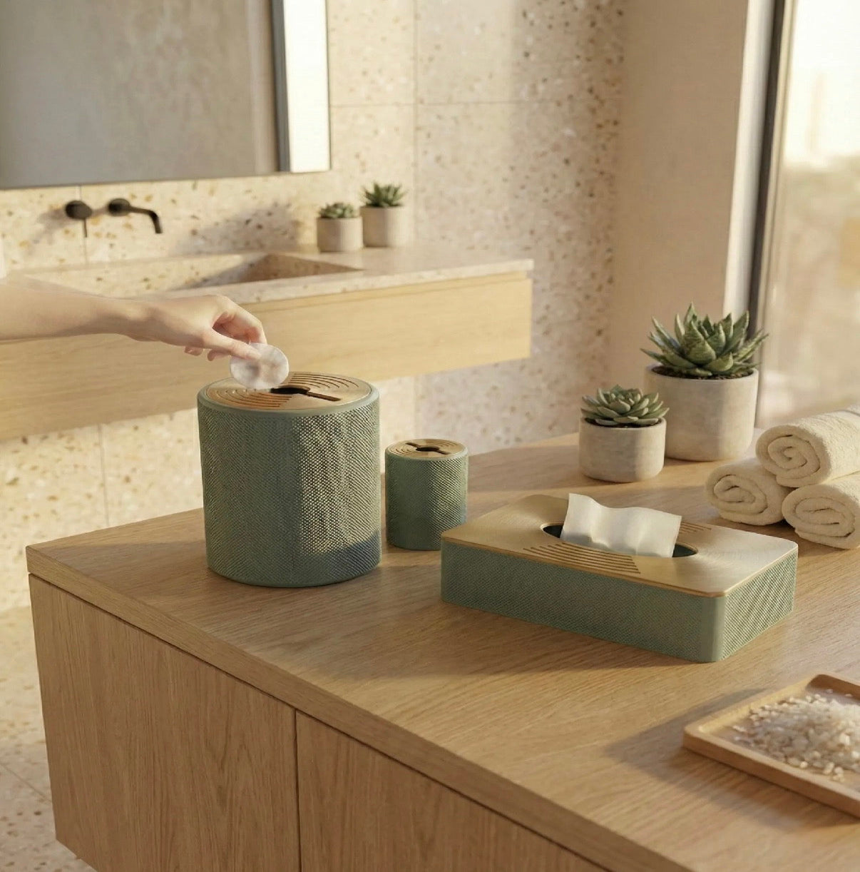 Luxury Spa Bathroom Set 3-Piece Bin, Tissue, Pads